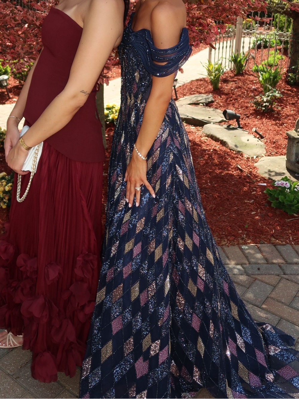 Navy Strapless Sequin Gown with Geometric Metallic Pattern